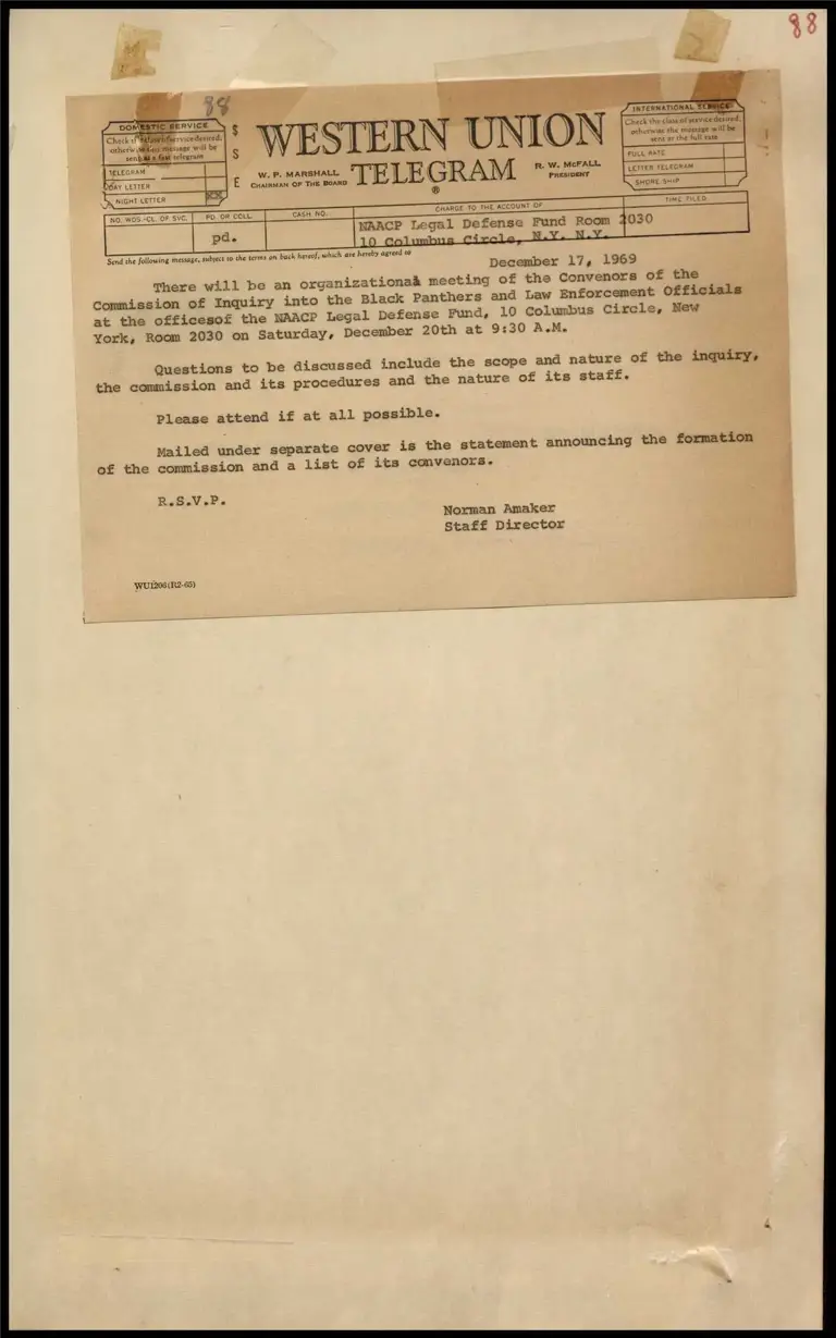 Convenors of the Commission of Inquiry into the Black Panthers and Law Officials to Hold Meeting (Telegram) preview