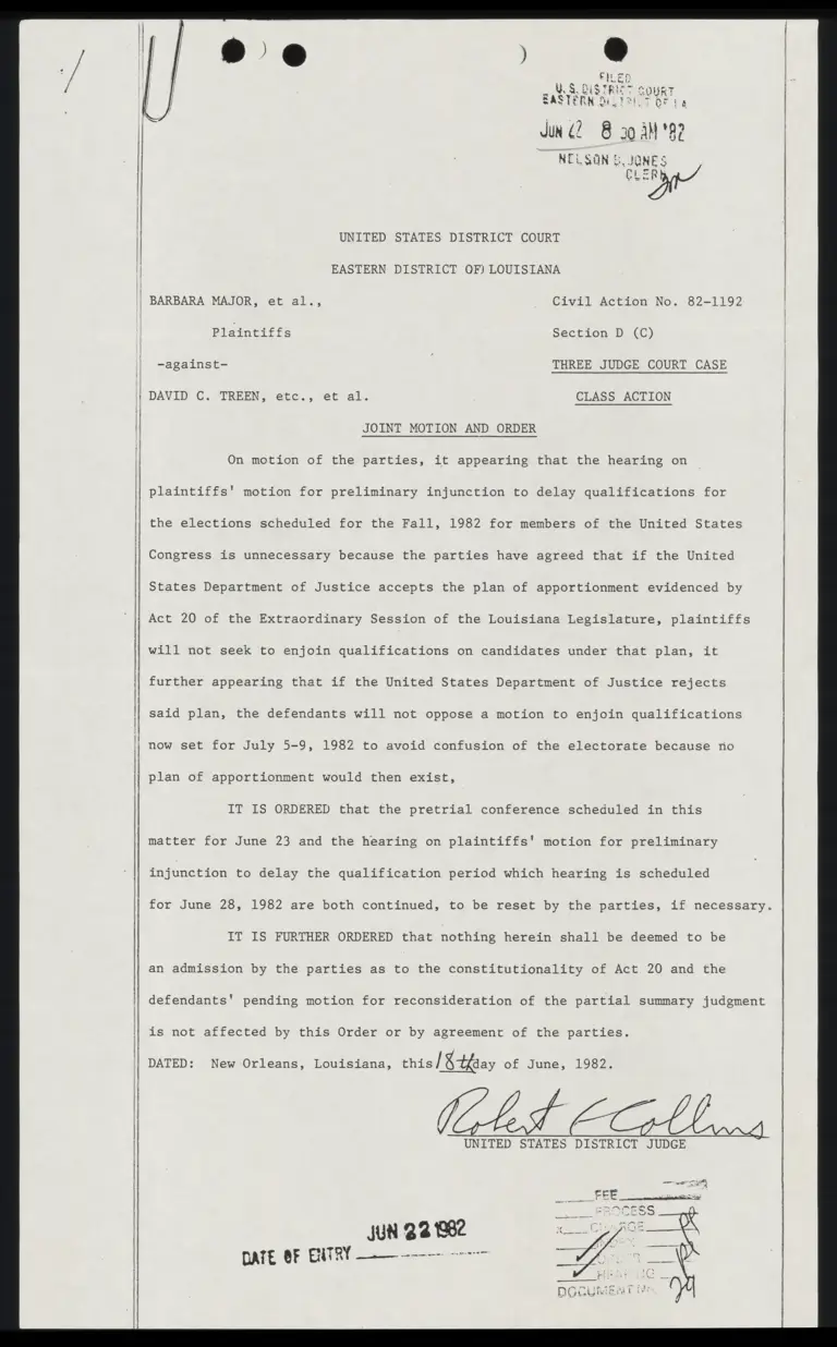 Joint Motion and Order for continuance to 6-28-82 preview