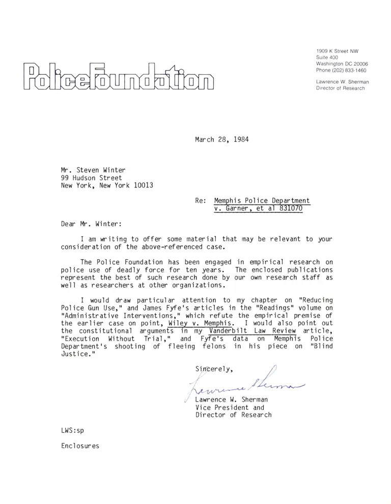 Correspondence from Sherman to Winter Re: Police Foundation Research preview