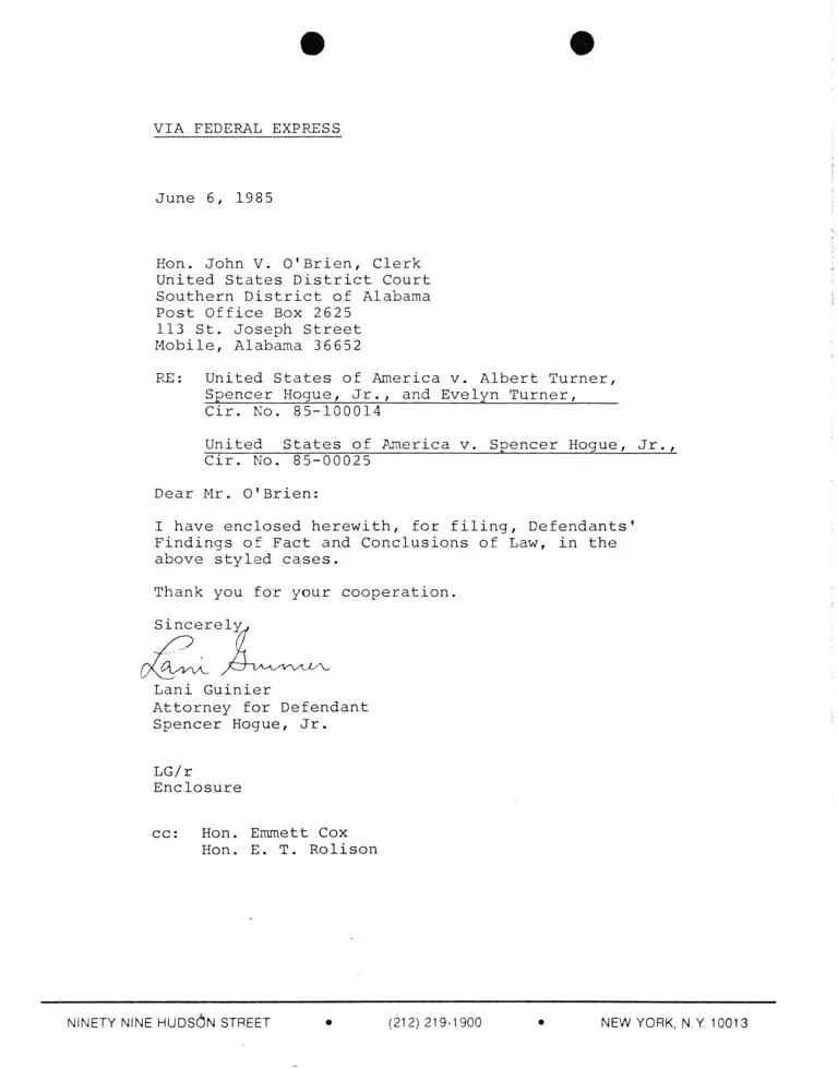 Correspondence from Lani Guinier to John V. O'Brien (Clerk) Re: United States v. Turner and United States v. Hogue preview