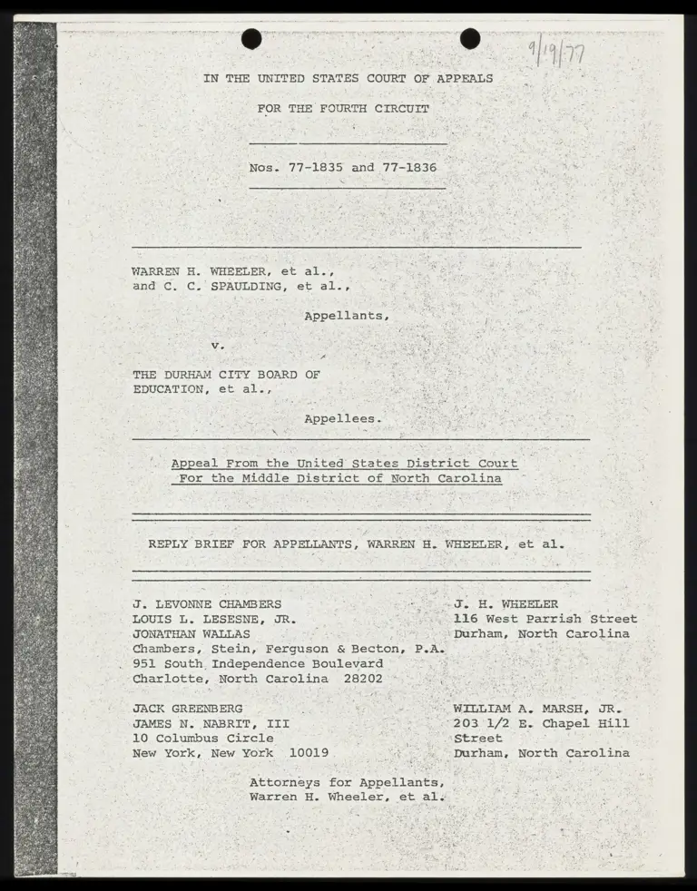 Wheeler v. Durham Board of Education Reply Brief for Appellants, Warren H. Wheeler, et al. preview