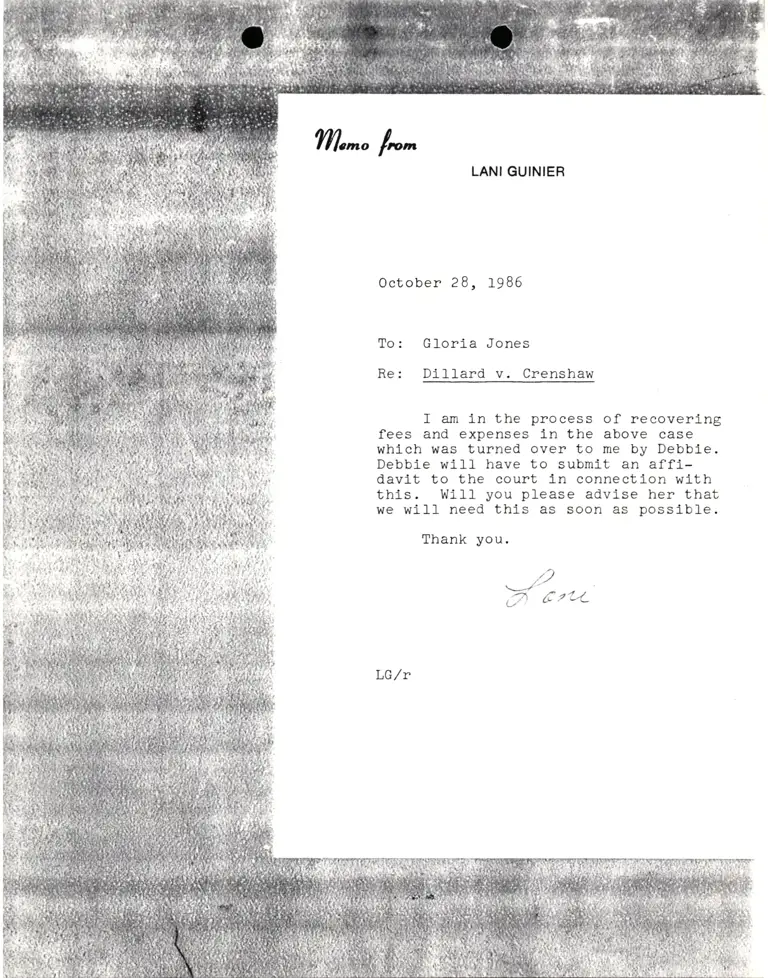 Memorandum from Lani Guinier to Gloria Jones Re Dillard v. Crenshaw preview