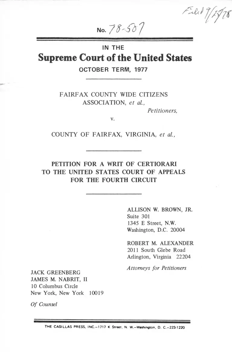 Fairfax County Wide Citizens Association v. Fairfax County, VA Petition for a Writ of Certiorari to the United States Court of Appeals for the Fourth Circuit preview