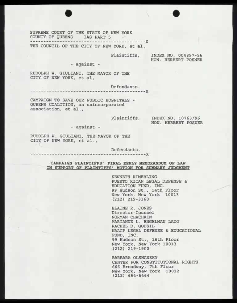Campaign Plaintiffs' Final Reply Memorandum of Law in Support of Plaintiffs' Motion for Summary Judgment preview