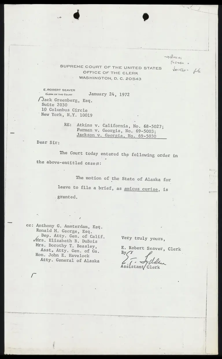 Correspondence from Clerk to Greenberg preview