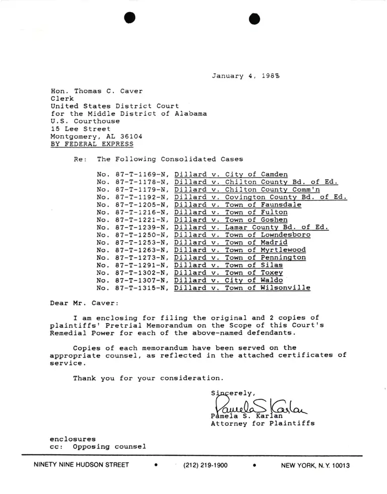 Correspondence from Pamela Karlan to Thomas C. Caver (Clerk) Re: Consolidated Dillard Cases preview