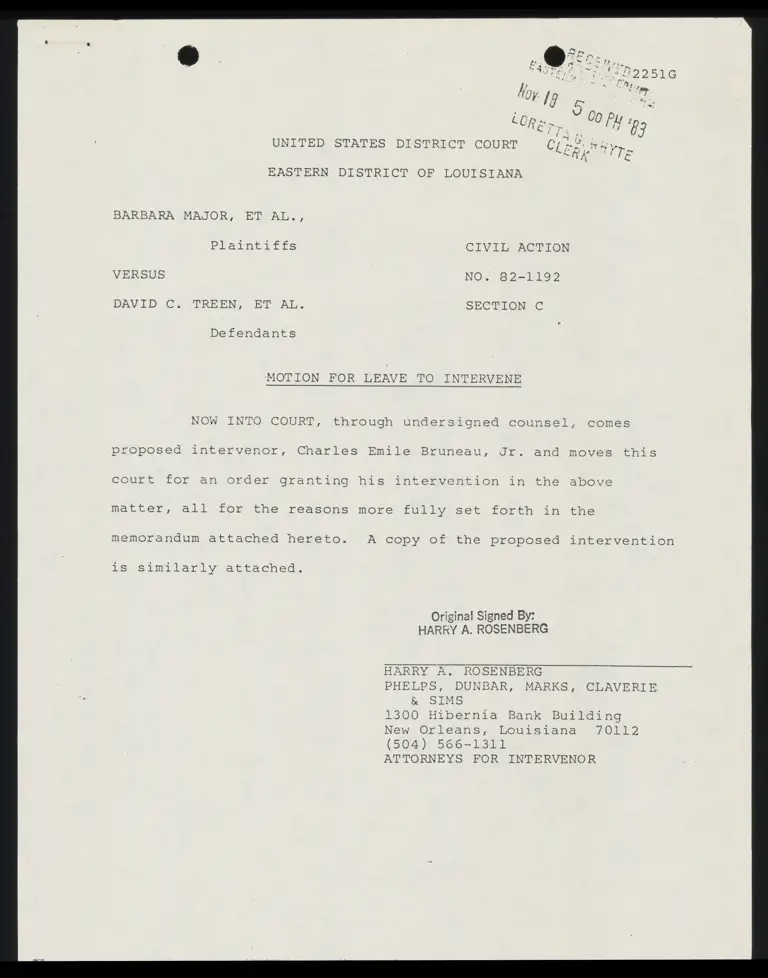 Motion for Leave to Intervene; Memorandum in Support of Motion for Leave to Intervene; Intervention; Certificate Pursuant to Rule 3.13A; Notice preview