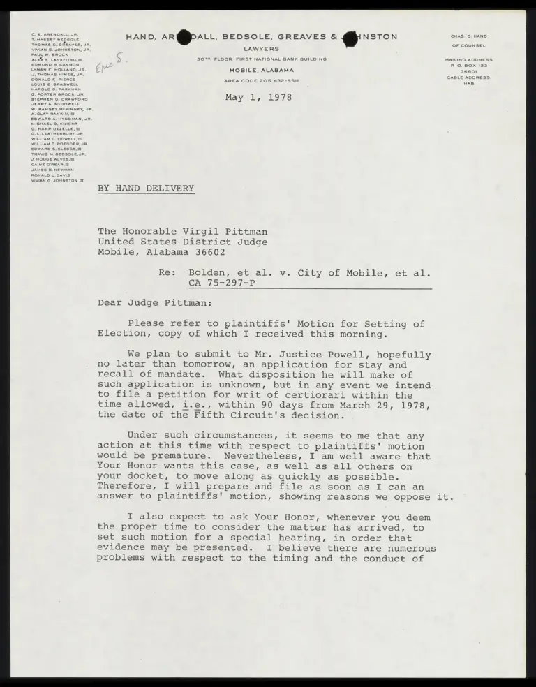 Correspondence from Arendall to Judge Pittman preview