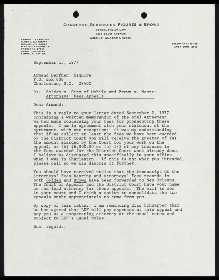 Letter from Blacksher to Derfner RE: Attorney's Fees Appeals preview