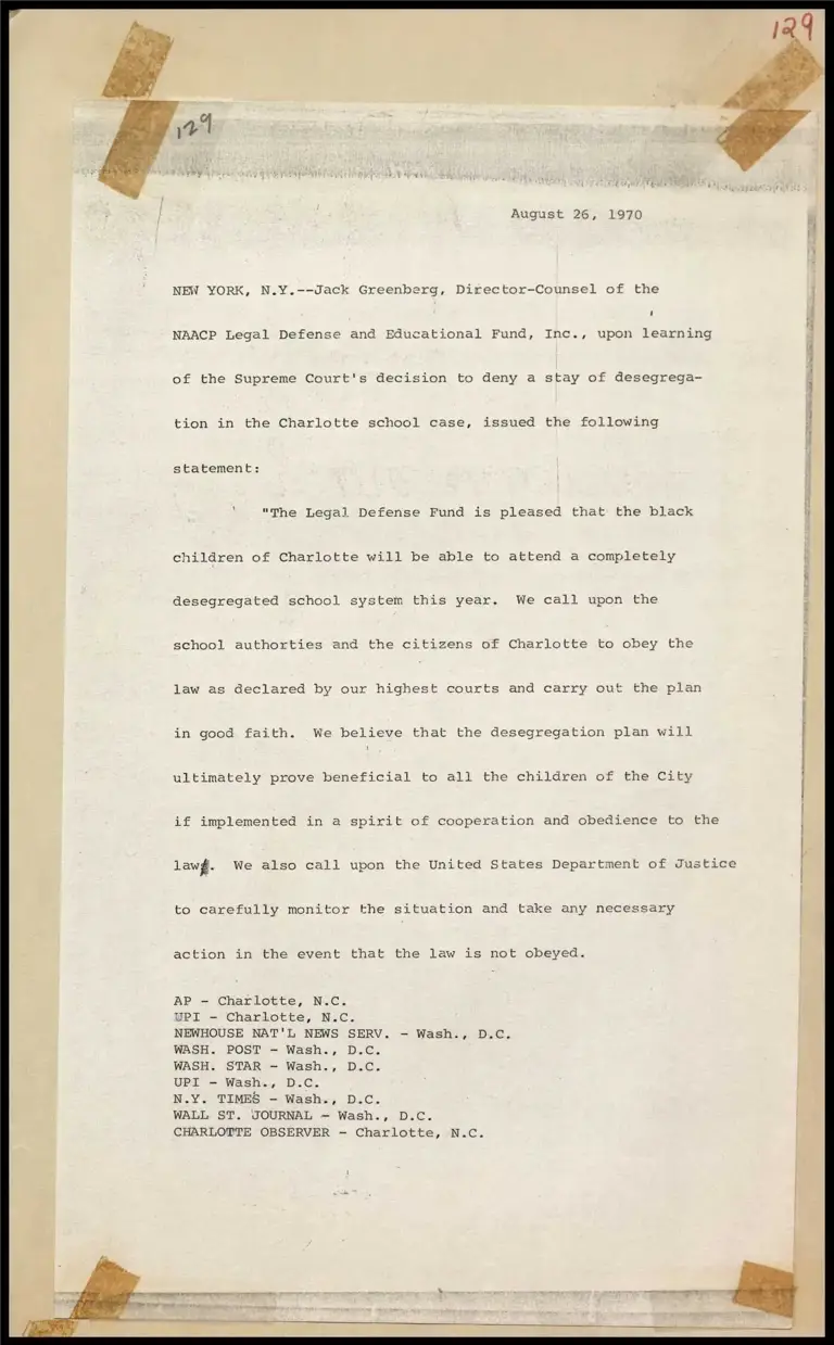 Greenberg Statement on Supreme Court Denial of Stay of Desegregation in Charlotte, N.C. preview