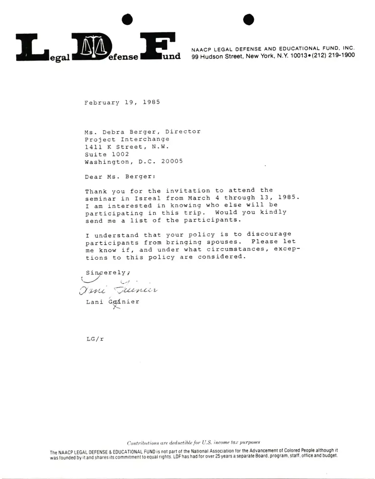 Correspondence from Lani Guinier to Debra Berge (Project Interchange) preview