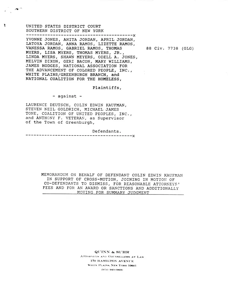 Jones v. Deutsch Memorandum on Behalf of Defendant in Support of Cross-Motion, Joining in Motion to Dismiss and Moving for Summary Judgement of Co-Defendants preview