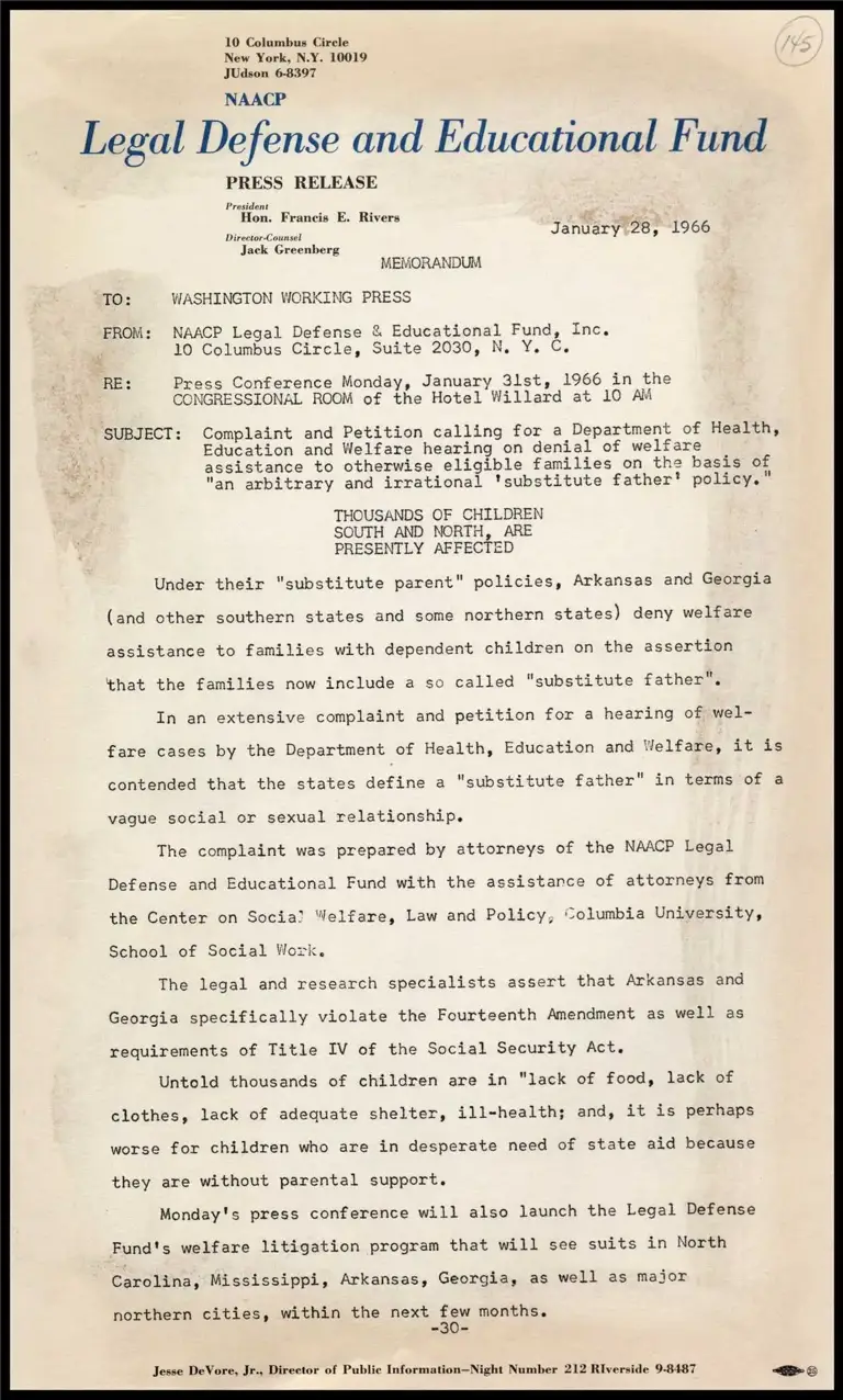 Memorandum re: Press Conference, Monday, Jan. 31 at Hotel Willard preview