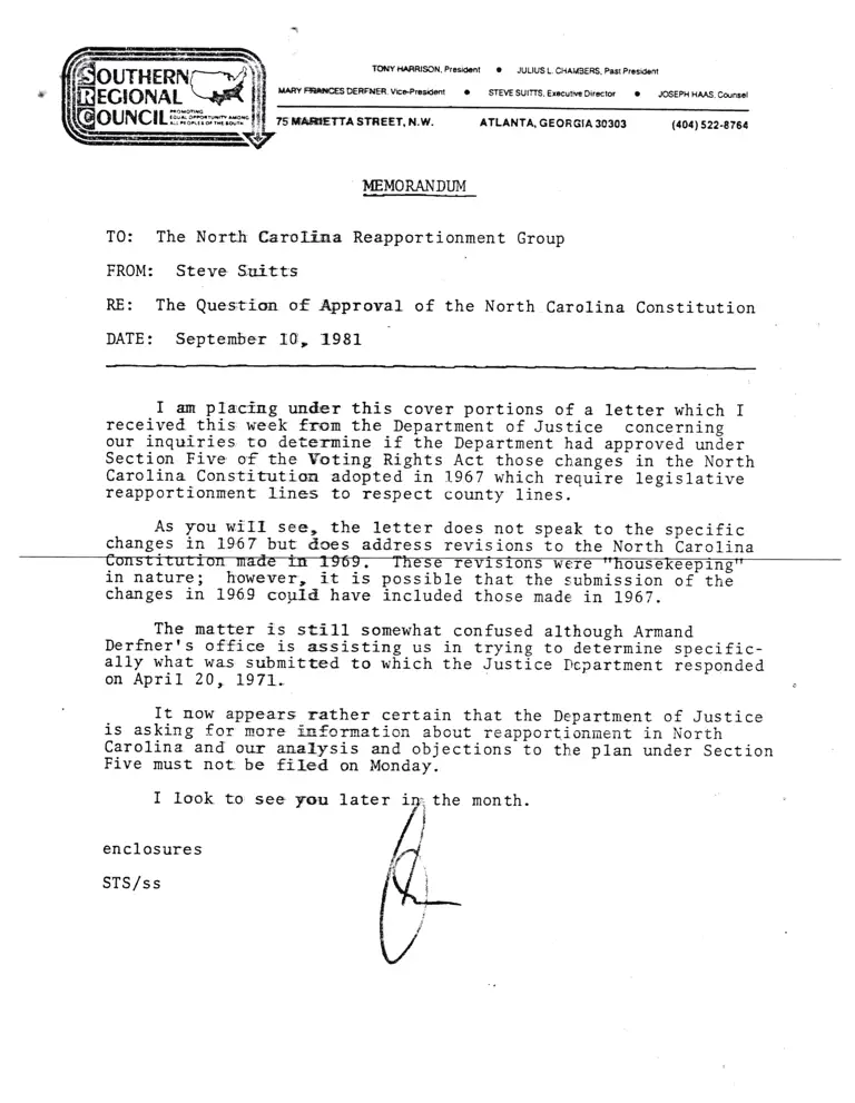 Memorandum from Suitts to North Carolina Reapportionment Group preview