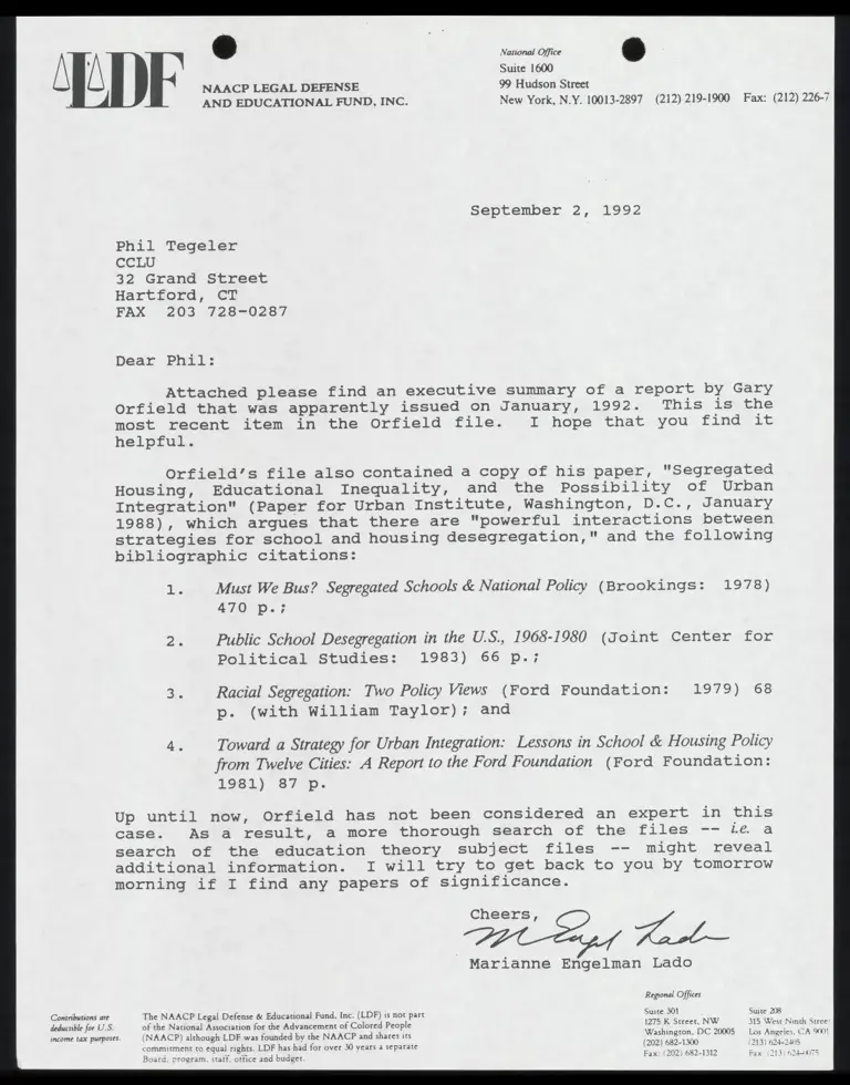 Correspondence from Lado to Tegeler with Draft Orfield Report preview