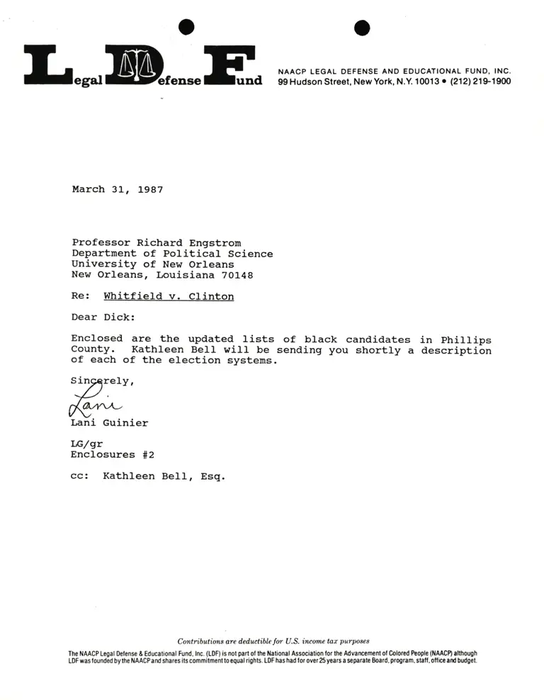 Correspondence from Lani Guinier to Prof. Richard L. Engstrom Re Whitfield v. Clinton preview