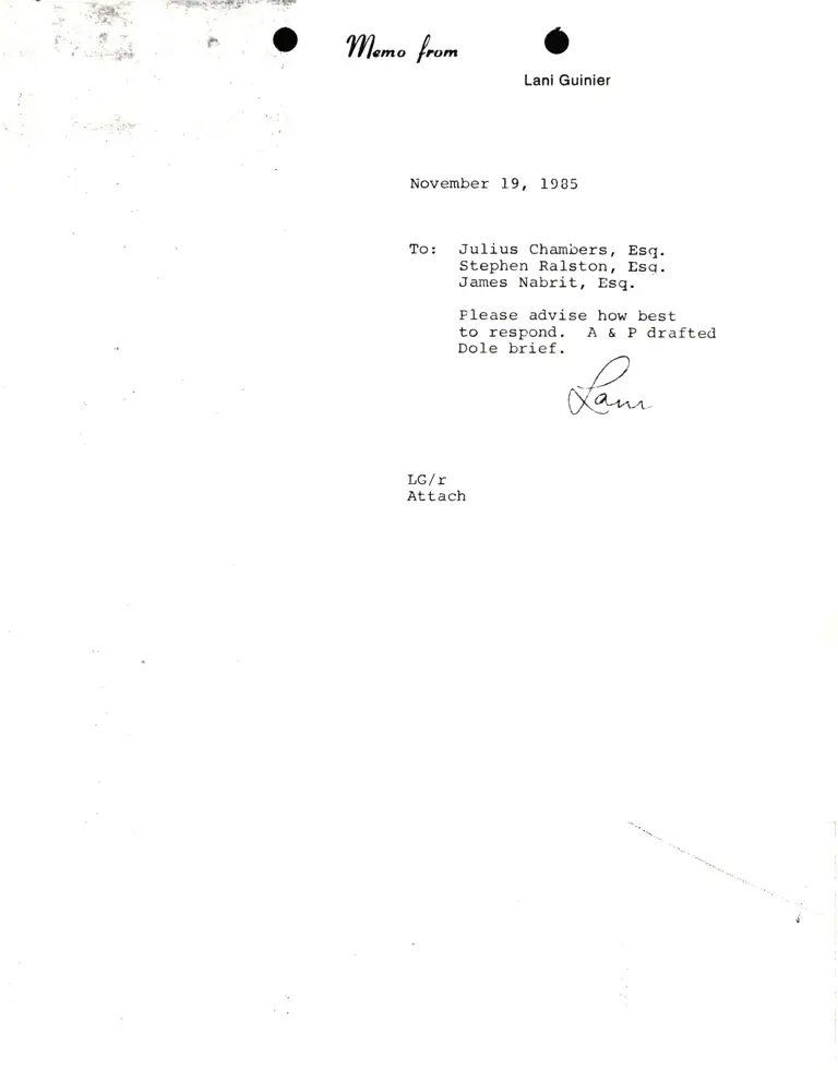 Correspondence from Lani Guinier to Julius Chambers, Steve Ralston, and James Nabrit preview