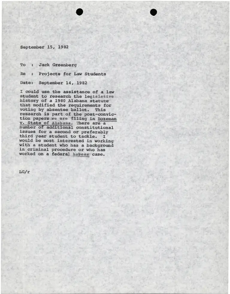 Memo from Lani Guinier to Jack Greenberg re Projects for Law Students preview