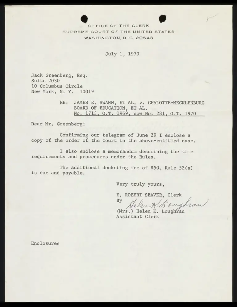 Correspondence from Clerk to Greenberg Re: June 29 Telegram preview