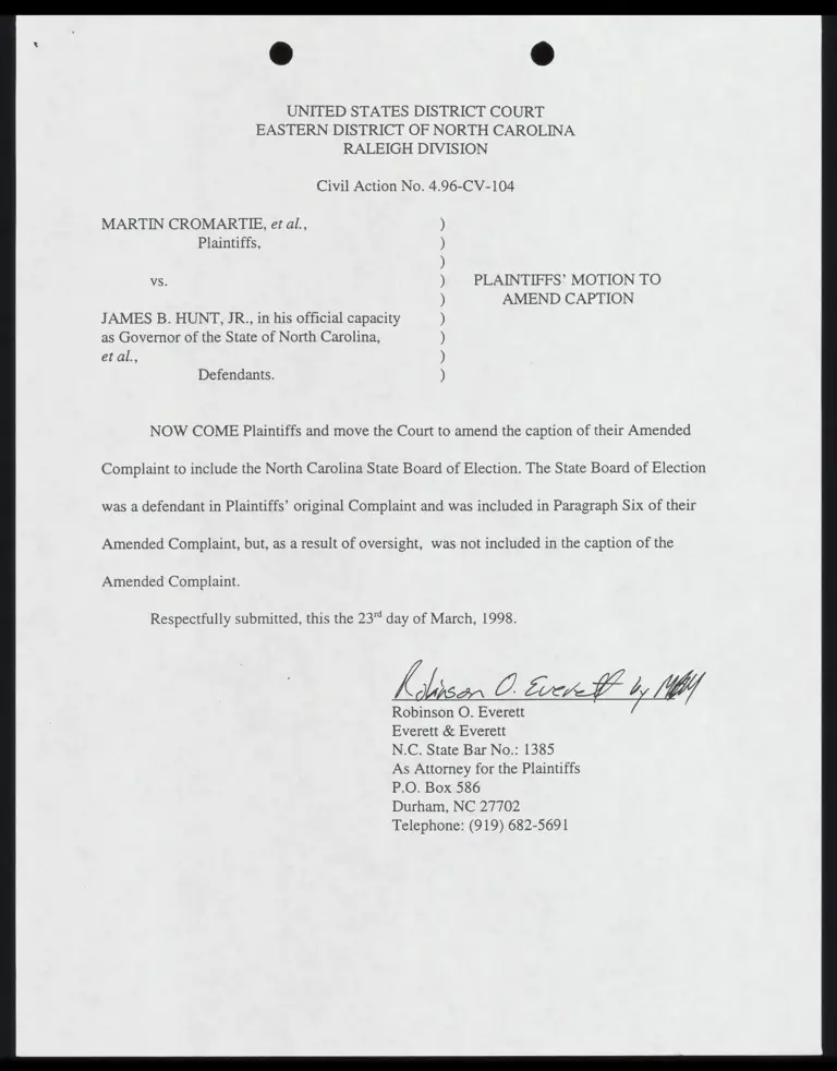 Plaintiffs' Motion to Amend Caption with Certificate of Service preview