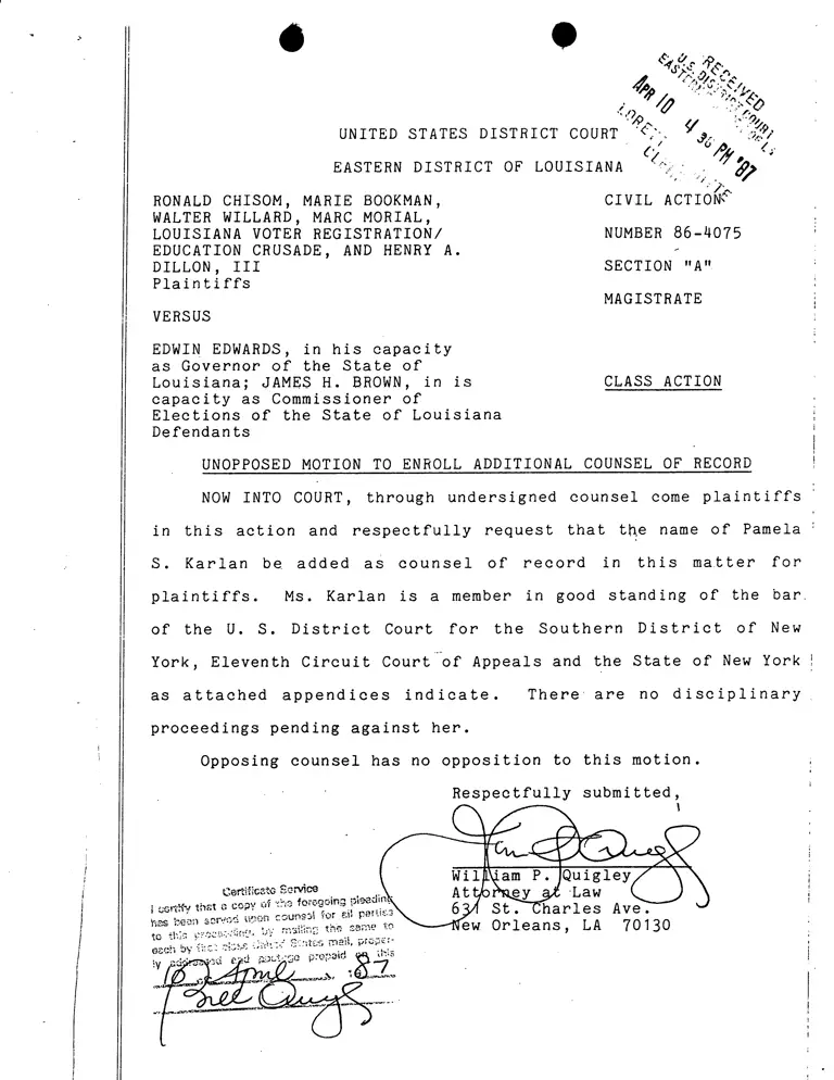 Unopposed Motion to Enroll Additional Counsel of Record; Certificate of Good Standing of Karlan; Affidavit of Karlan; Correspondence from Quigley to Brooks preview