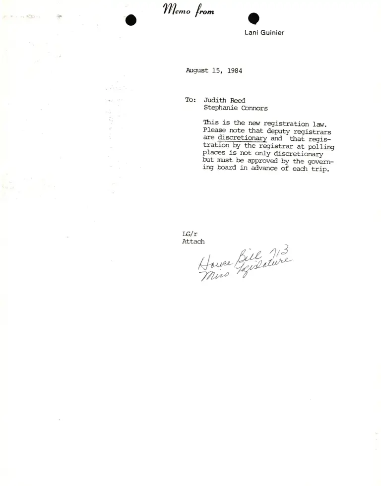 Memo from Lani Guinier to Judith Reed and Stephanie Connors RE new Mississippi registration law preview