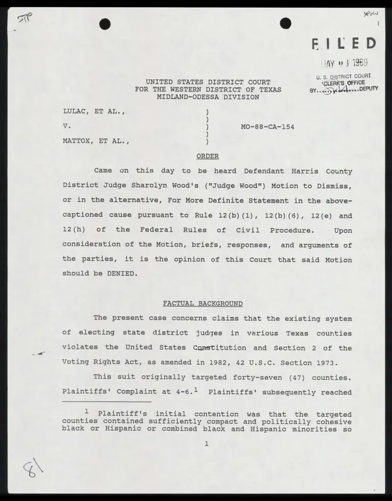 Order Denying Judge Wood's Motion to Dismiss preview
