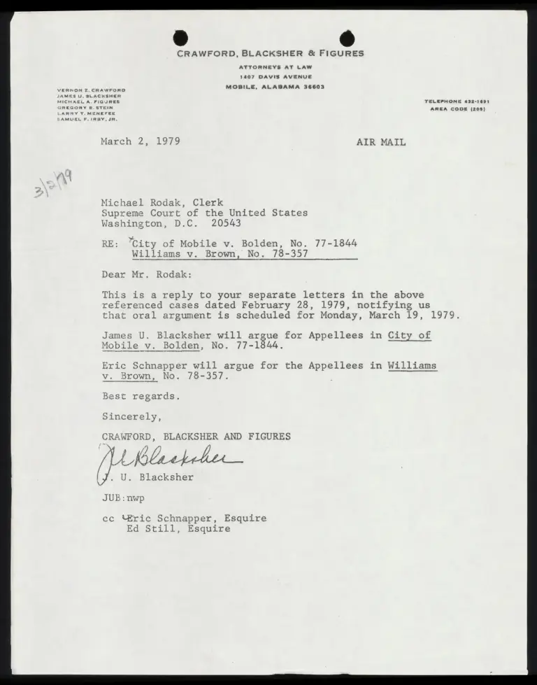 Correspondence from Blacksher to Clerk preview