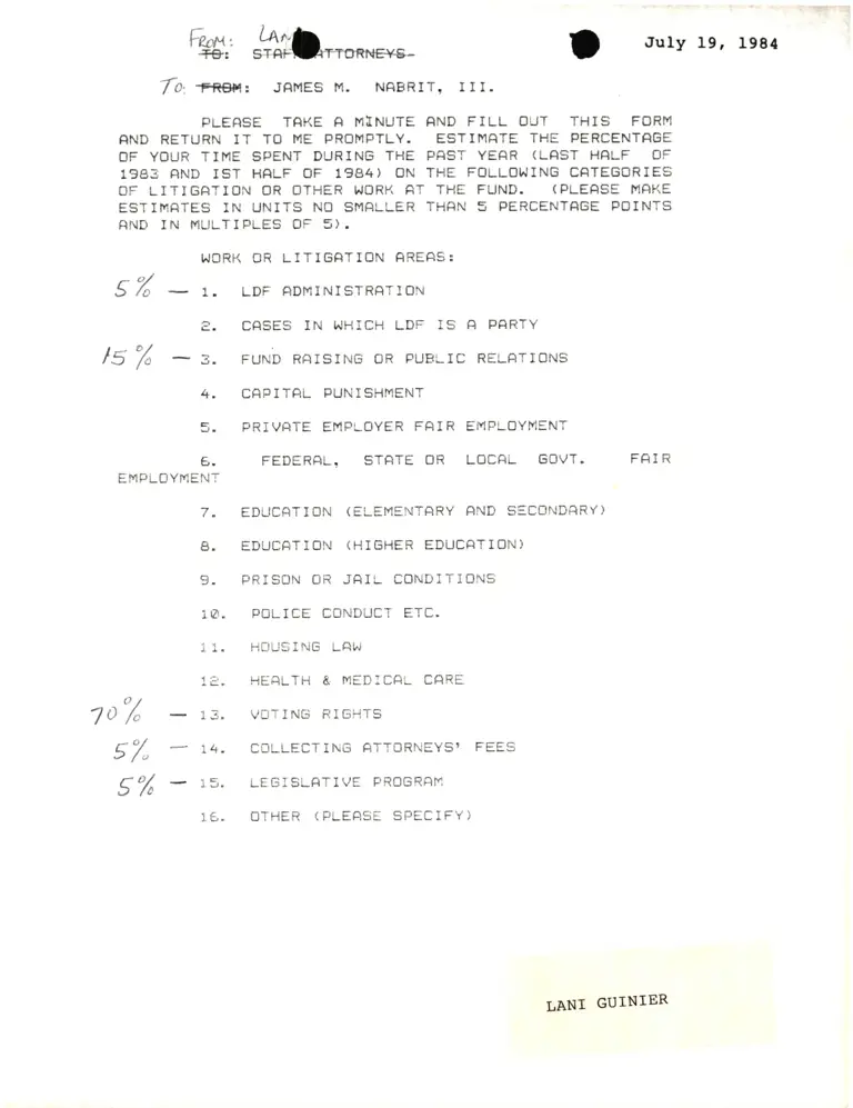 Letter from Lani Guinier to James Nabrit Re Work or Litigation Areas Time Estimates preview