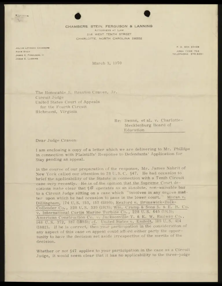 Letter from Chambers to Judge Craven, Jr. RE: Plaintiffs' Response to Defendants' Application for Stay preview