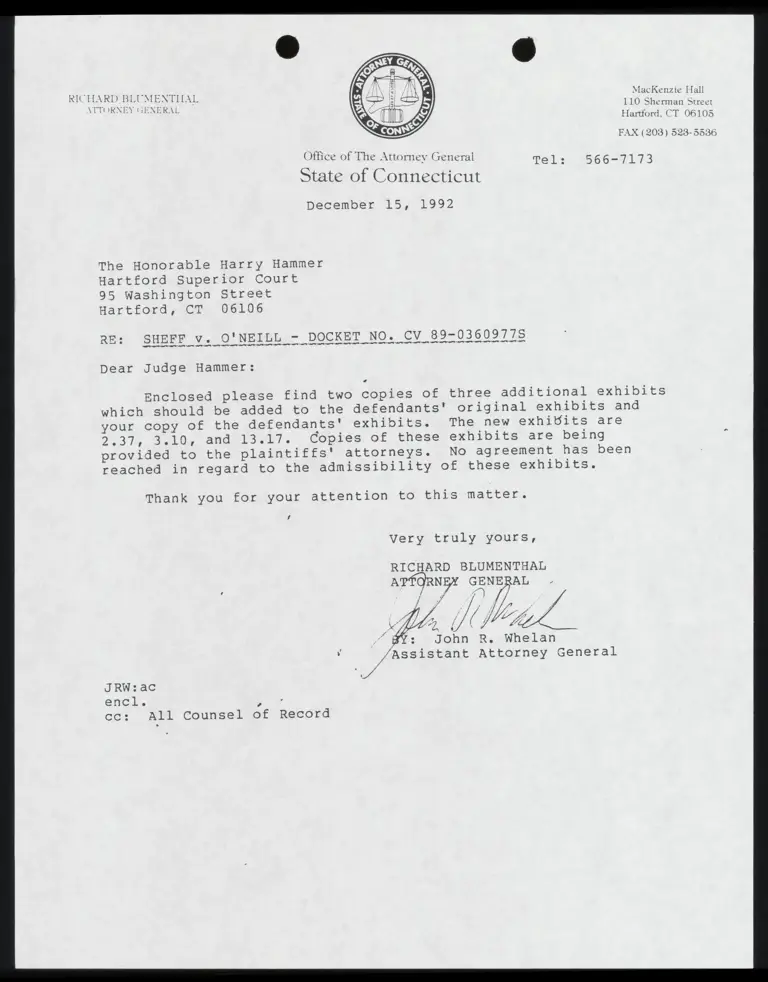 Correspondence from Whelan to Judge Hammer with Defendants' List of Exhibits Not Subject to Stipulation preview