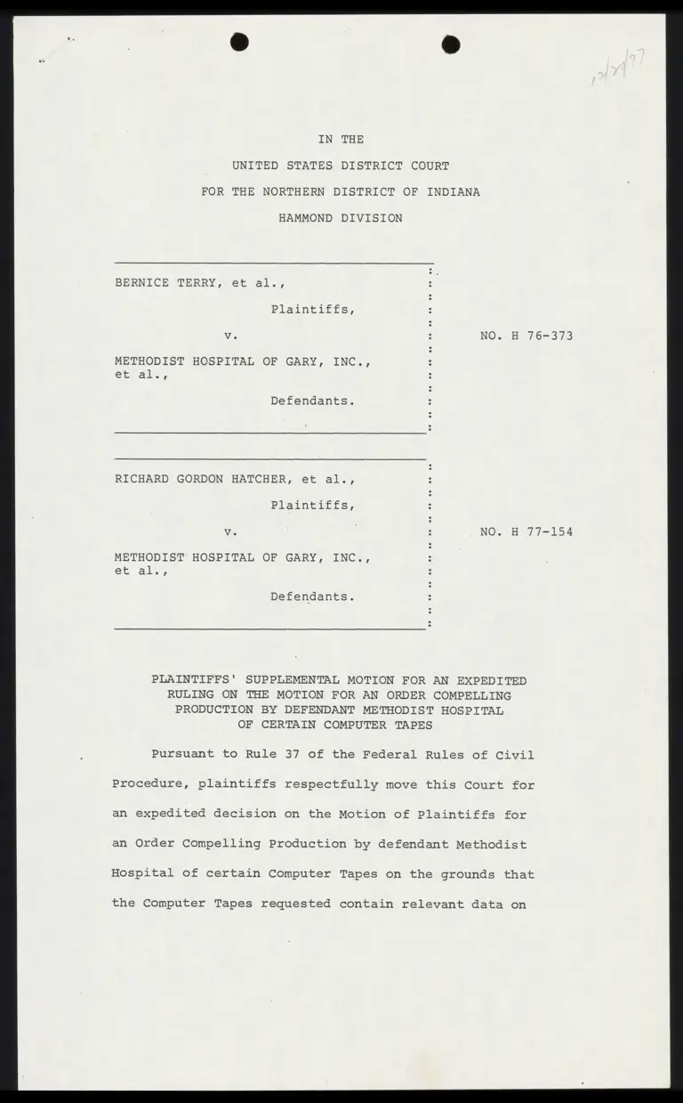 Supplemental Motion for an Expedited Ruling on the Motion for an Order Compelling Production of Certain Computer Tapes; Lief Affidavit preview