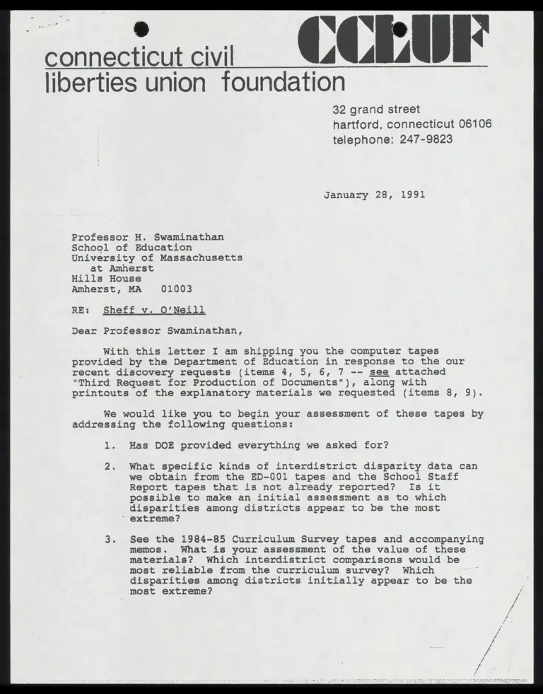 Correspondence from Tegeler to Swaminathan Re: Assessment of Tapes preview