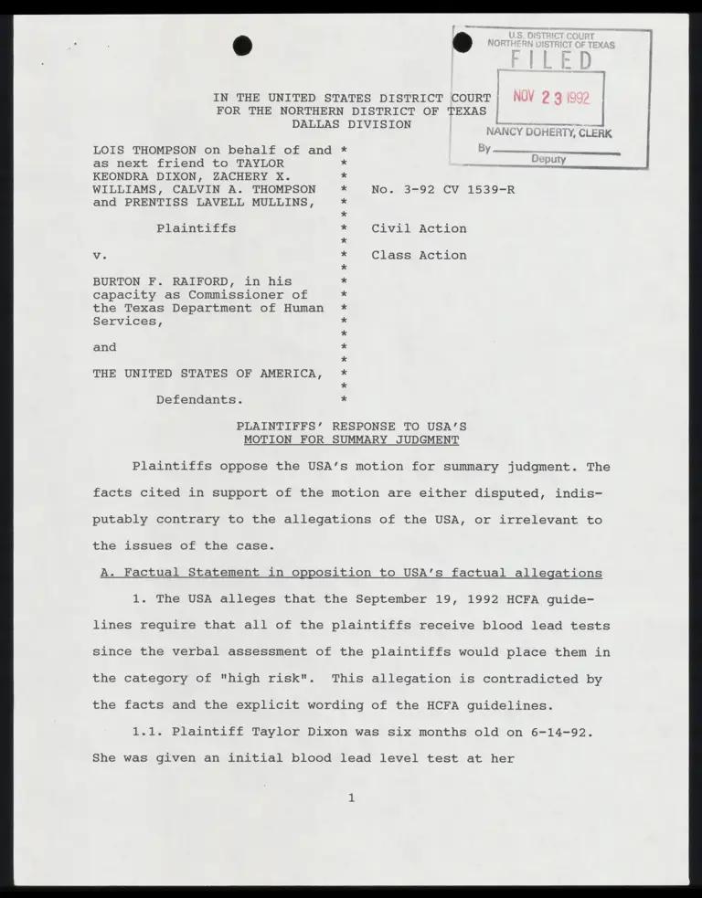 Plaintiffs' Response to USA's Motion for Summary Judgment with Certificate of Service preview