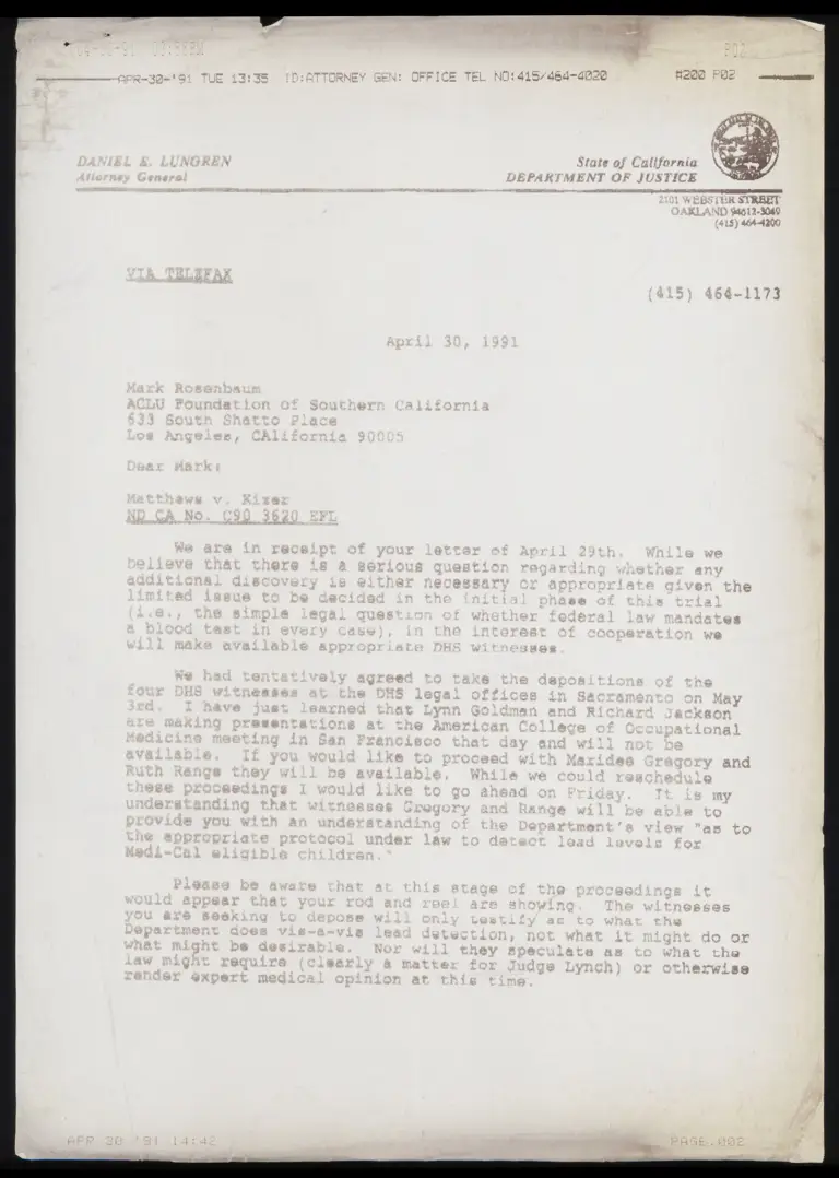 Fax from Opp. Counsel to Rosenbaum RE Depositions and Recommendations preview