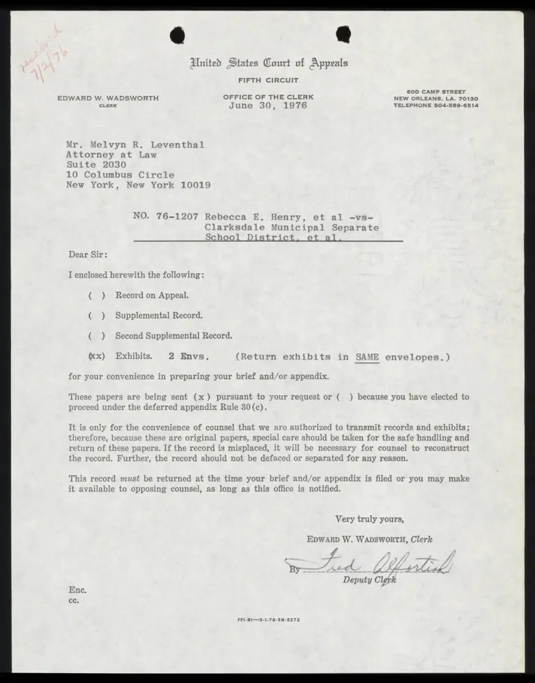 Correspondence from Clerk to Leventhal Re: Exhibits preview