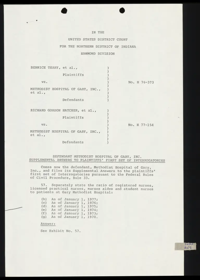 Defendant Methodist Hospital Supplemental Answers to Plaintiffs' First Set of Interrogatories preview