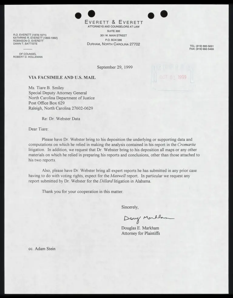 Letter to Smiley from Markham RE Dr. Webster’s Data preview
