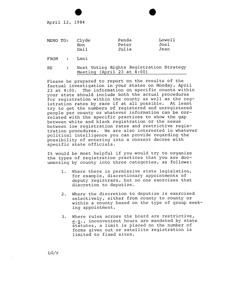Memo from Lani Guinier RE: Next Voting Rights Registration Strategy Meeting preview
