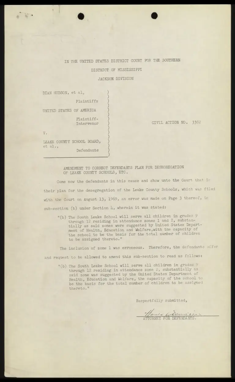 Amendment to Correct Defendants' Plan for Desegregation of Leake County Schools Etc. preview