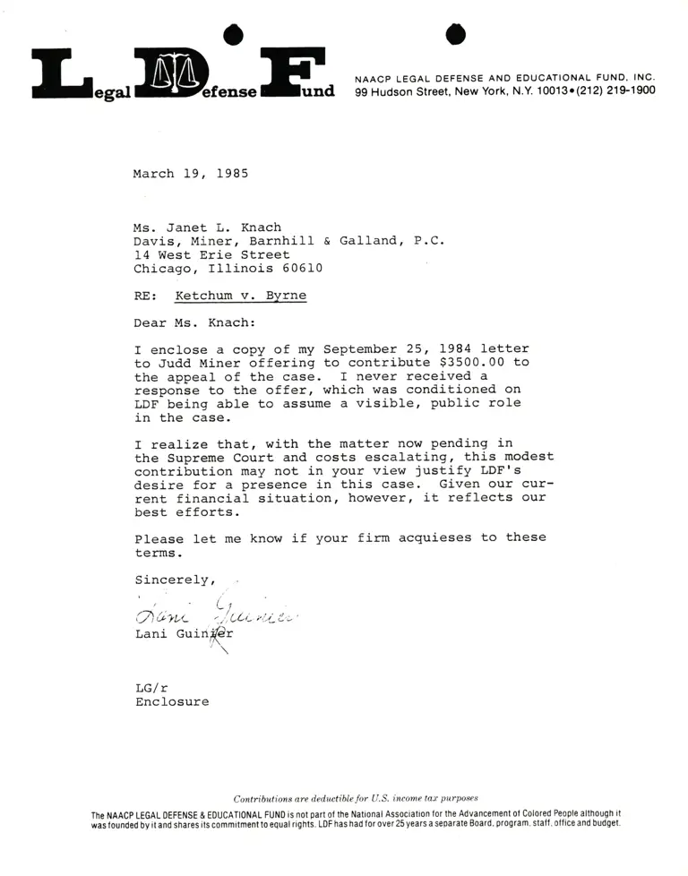 Correspondence from Lani Guinier to Janet L. Knach Re Ketchum v. Bryne preview