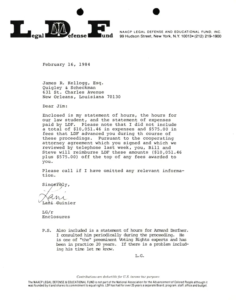 Letter from Lani Guinier to James R. Kellogg, Esg. Re: hours and expenses preview