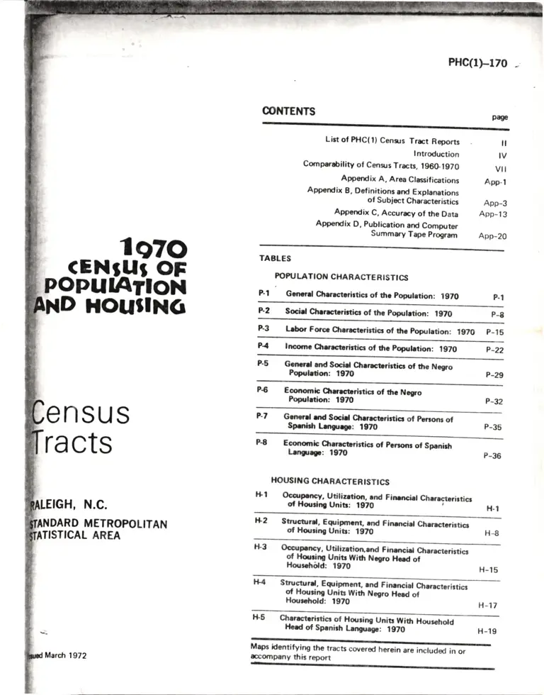 Raleigh, N.C. 1970 Census of Population and Housing Census Tracts preview