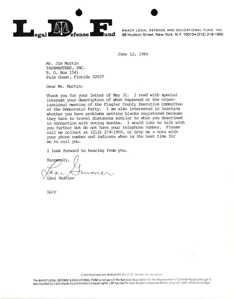 Letter from Lani Guinier to Jim Martin Re: Voter Registration preview