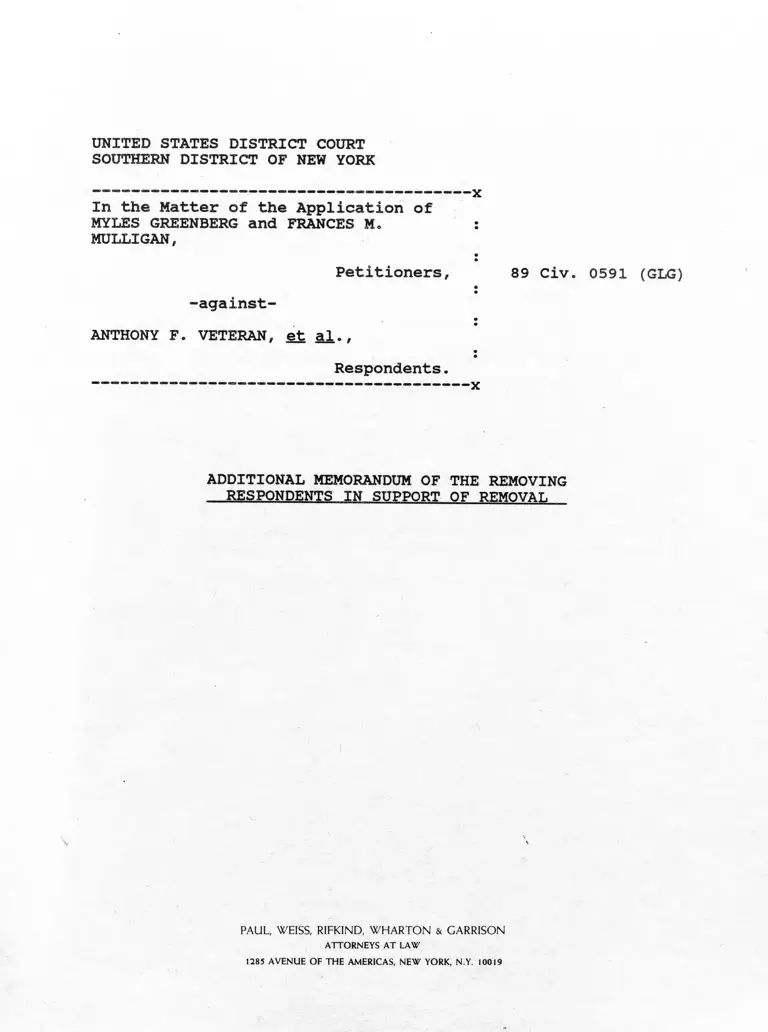 Greenberg v. Veteran Additional Memorandum of the Removing Respondents in Support of Removal preview