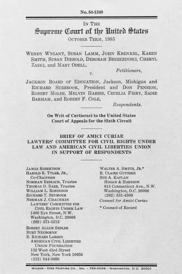 Wygant v. Jackson Board of Education Brief Amici Curiae in Support of Respondents preview