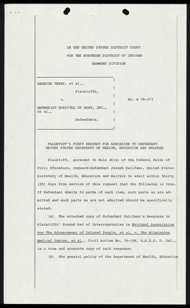 Plaintiff's First Request for Admission to Defendant US Secretary of Health, Education and Welfare preview