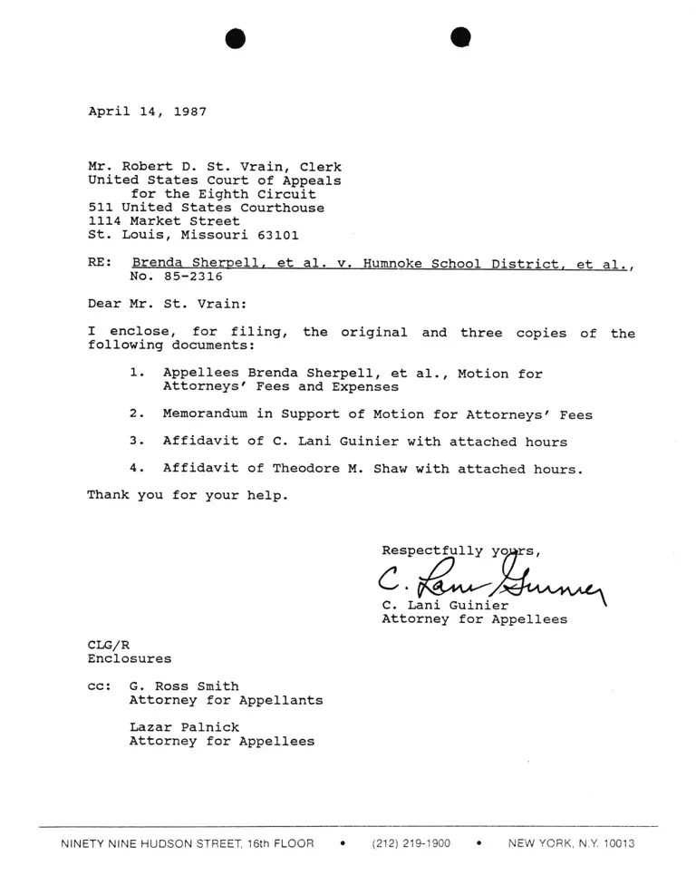 Correspondence from Lani Guinier to Robert D. St. Vrain (Clerk) Re: Brenda Sherpell v. Humnoke Scholl District preview