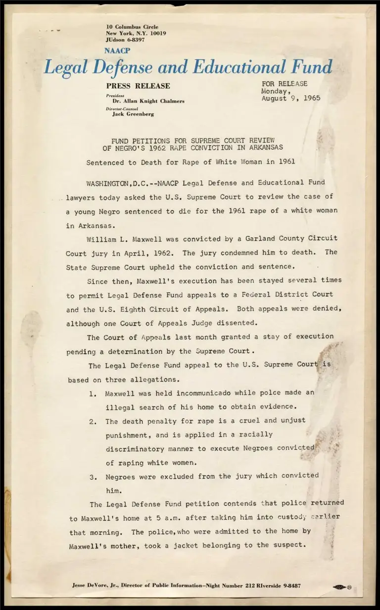 Fund Petitions for Supreme Court Review of Negro's 1962 Rape Conviction in Arkansas preview