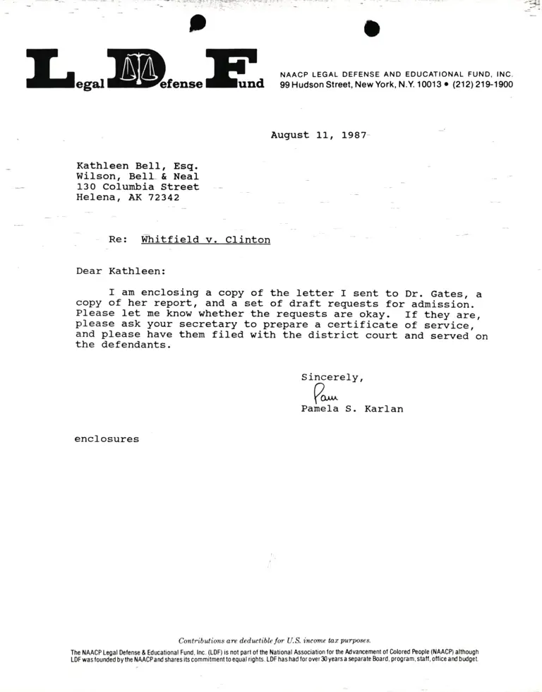 Correspondence from Pamela Karlan to Kathleen Bell, Esq. Re Whitfield v. Clinton preview